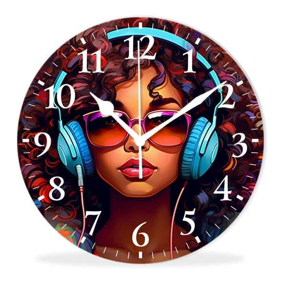 Modern Wall Clocks, Quality Quartz Silent Non-Ticking Round Clock Decor Wall Clocks for Living Room-African American Woman Music Art(10inch)