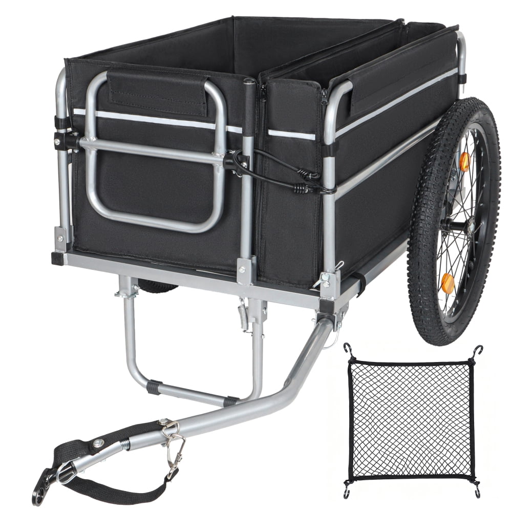 Foldable Bike Cargo Trailer 110 LBS Load Bicycle Wagon Cart 20 Inch Fat Pneumatic Tires Universal Hitch Storage Mesh Net For Camping Grocery Transport Black
