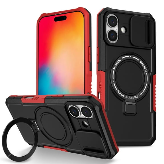 Phone Case for iPhone 17 with Sliding Camera Cover, Hand Grip Anti Slip Design Kickstand Ring Holder Hybrid Magnetic Wireless Charging Phone Cover for Apple iPhone 17 - Black Red