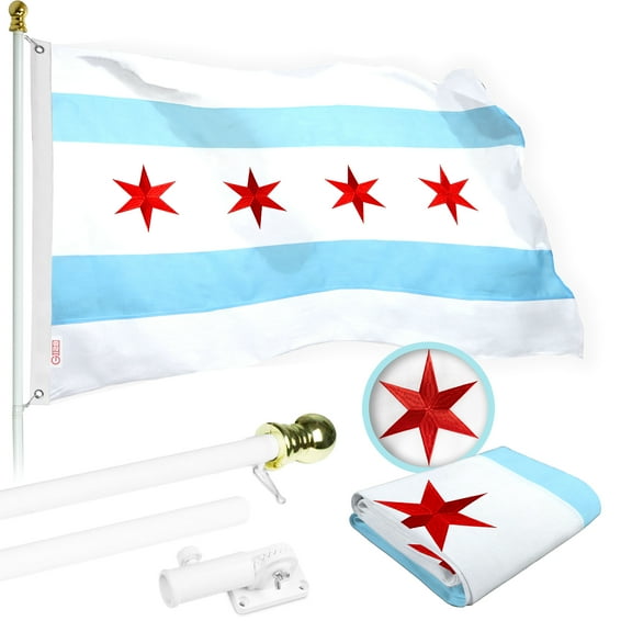 G128 Flag Pole 6 FT White Tangle Free & Chicago Flag 3x5 FT Combo Embroidered Spun Polyester