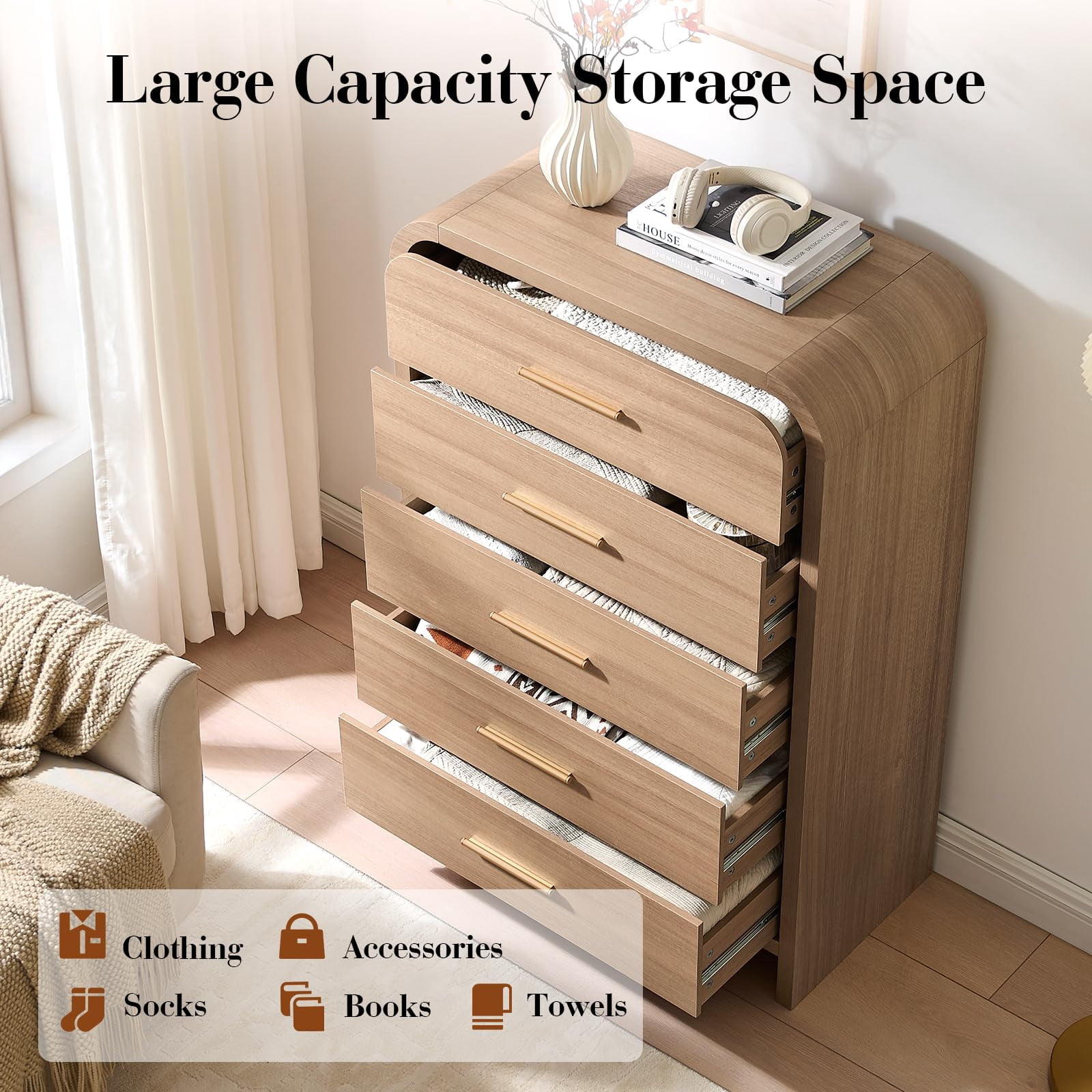 Vintagearth 5 Drawers Dresser for Bedroom, Curved 45.6" Tall FSC-certified Wood 1.18" Thick Board Dressers & Chests of Drawers for  Living Room, Hallway, Entryway, Oak