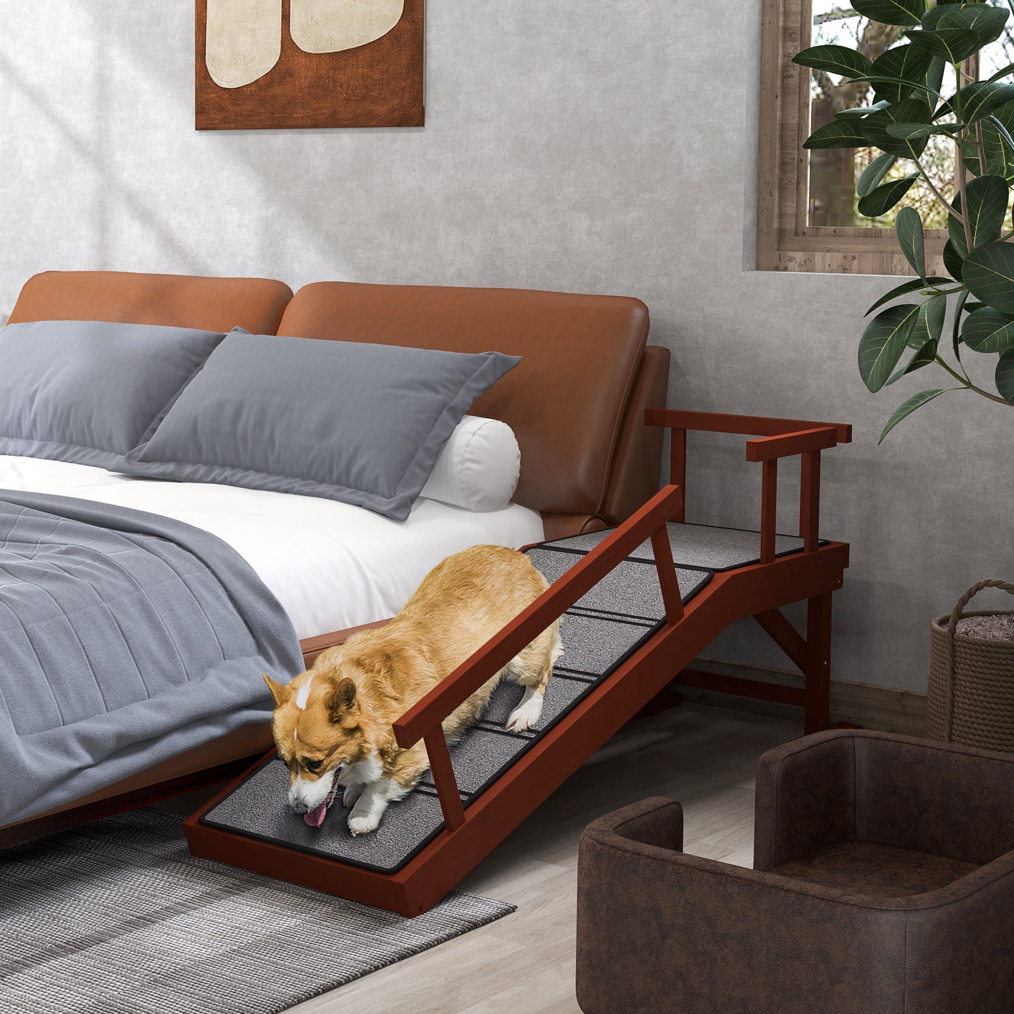 Dog Ramp, Dog Stairs for Small, Medium & Large Dogs, Pet Ramp for Bed or Couch with Removable Guardrails, Non-Slip Surface, 49" Long, Brown