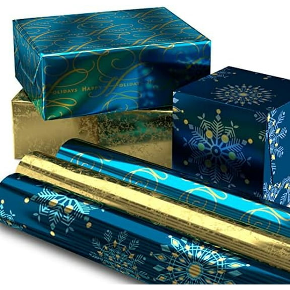 Christmas Wrapping Paper Rolls, Metallic Foil Holiday Gift Wrap (Pack of 3: 60 sq. ft. ttl) Elegant Navy Blue and Gold for Christmas, Hanukkah, Weddings, Graduations