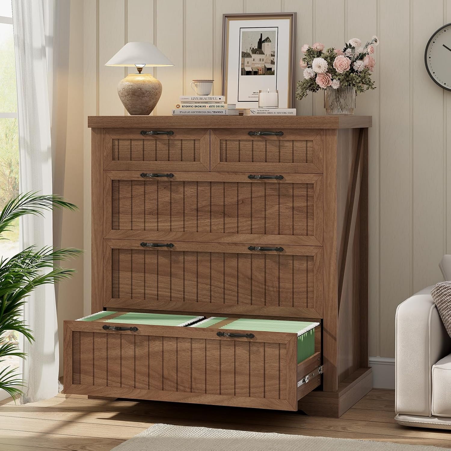 SEDETA File Cabinet with 5 Wood Drawers, Farmhouse Filing Cabinet for Home Office, Wood Office File Cabinets for Letter/Legal/A4 Size, Lateral File Cabinets with Printer Stand, Brown