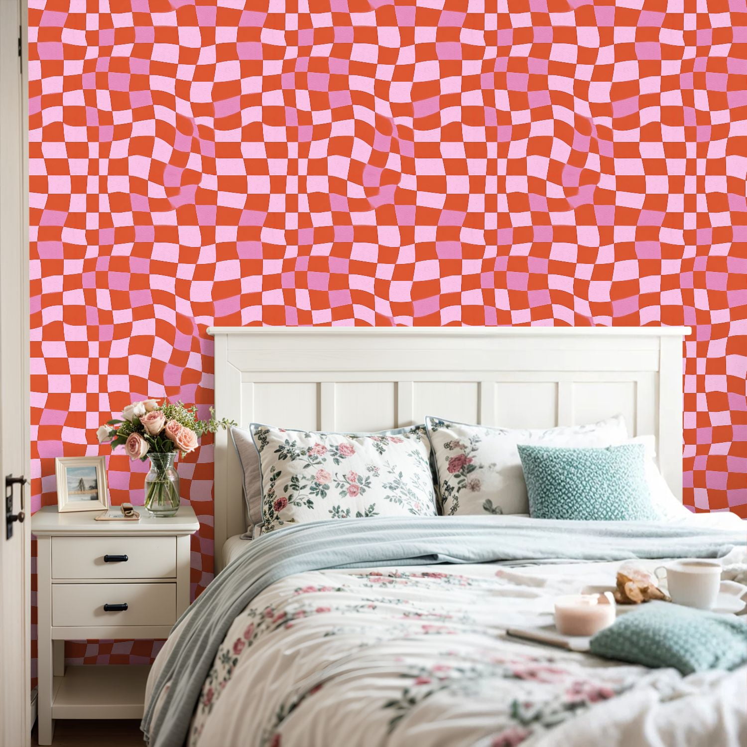 Peel and Stick Wallpaper Retro Groovy Wavy Psychedelic Checkerboard Check Y2K 90s Stationary 24in x 118in Contact Paper Removable Self Adhesive Wall Mural Wall Decor for Bedroom Kitchen Cabinets