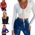 thumbnail image 2 of FLMEI Womens V Neck T-Shirt,Tie Front Straps Tees,Summer Long Sleeve Blouses Women's Midriff-Baring Tops Shirts S-XL, 2 of 9