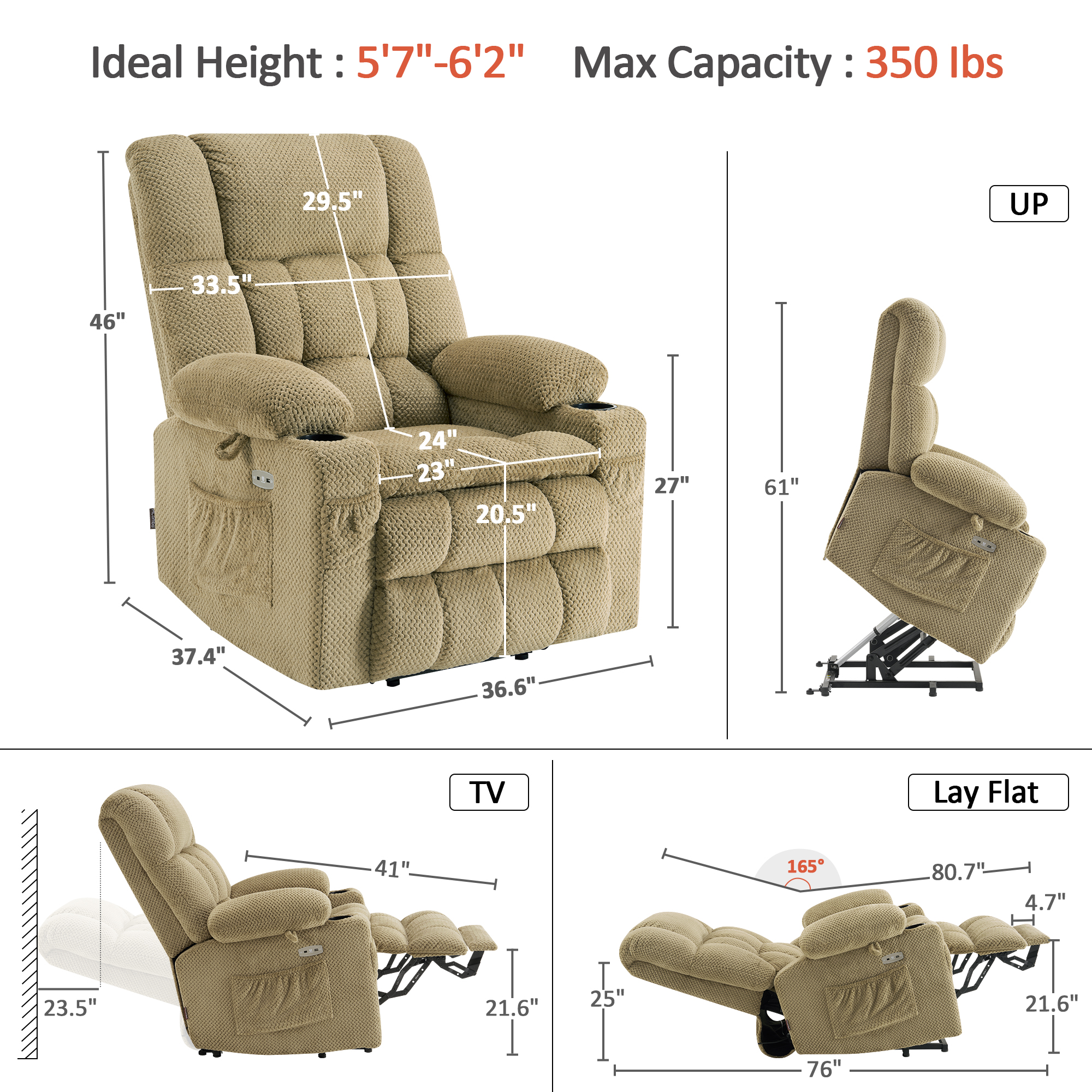 MCombo Large Lay Flat Dual Motor Power Lift Recliner for Big and Tall Elderly, Fabric(Beige)