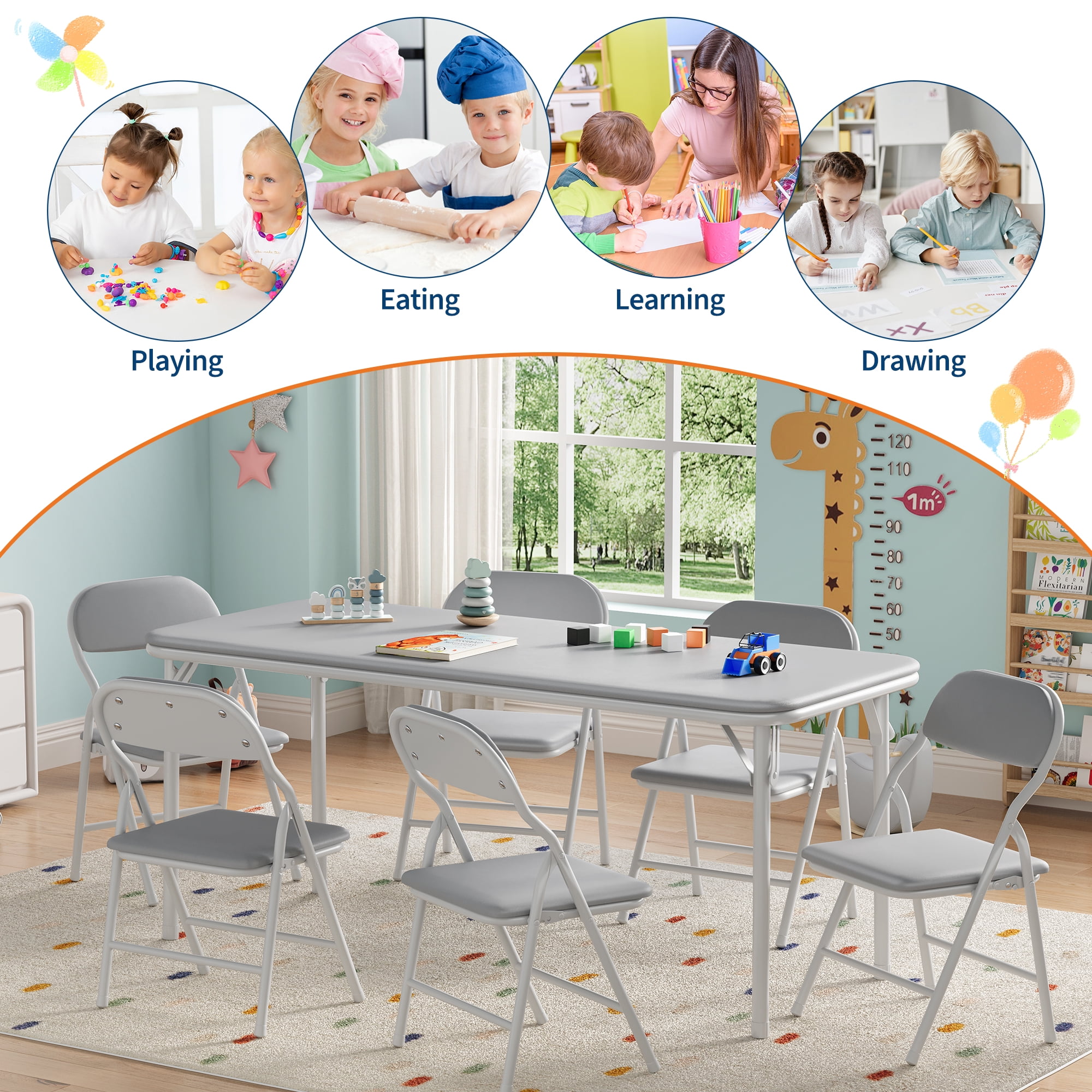 Ultra Soft PU Padded 1/5/7-Piece Kids Folding Table and Chairs Set – Durable Steel Frame, Anti-Slip Feet, No Assembly – Portable for Study, Dining, Learning Space, Play