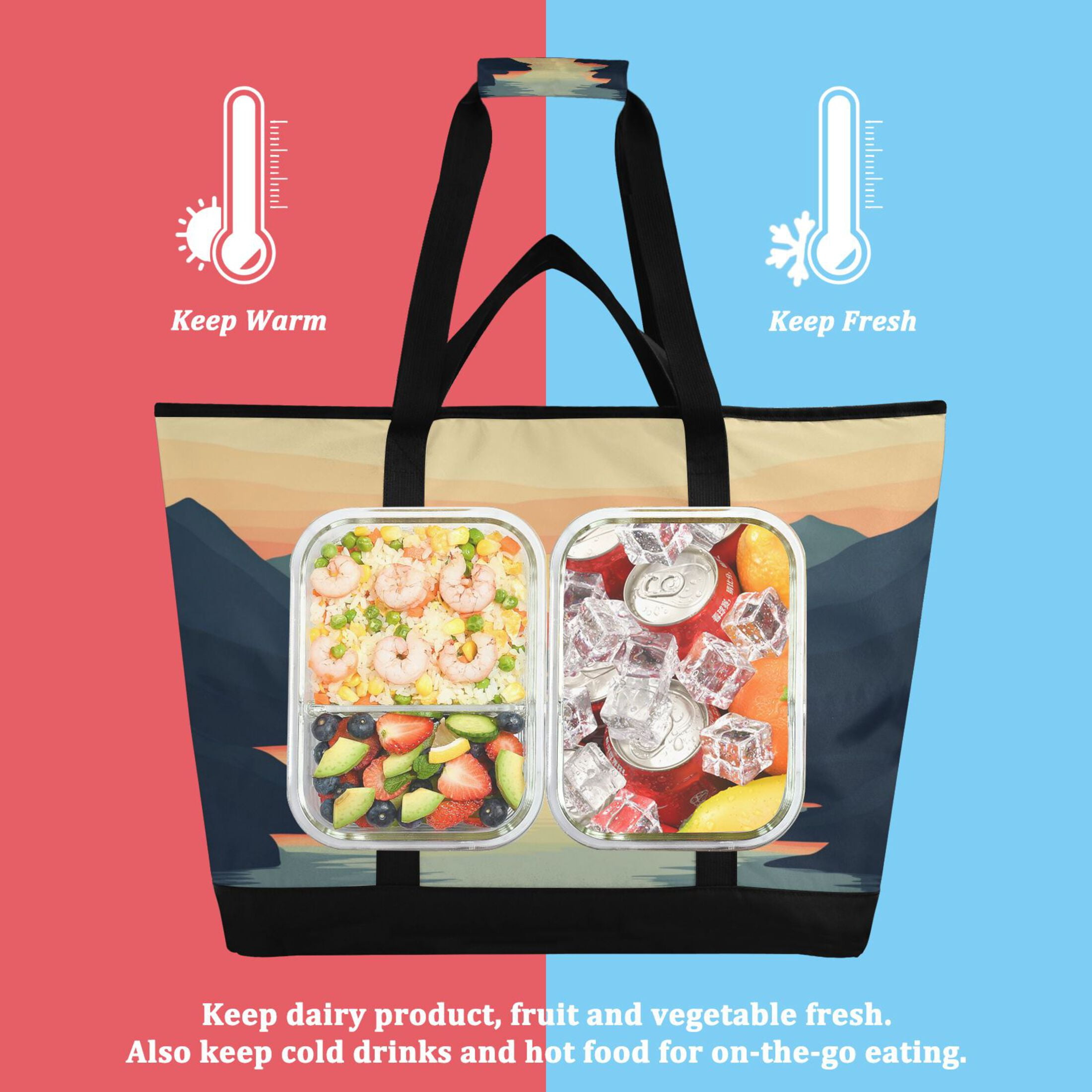 Large Hand-held Ice Pack Picnic Bag Insulation and Refrigeration Suitable for Shopping Picnics and Camping River Sunset