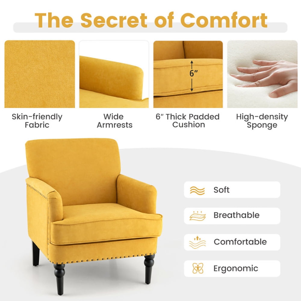 Finihen Upholstered Accent Armchair, Modern Upholstered Padded Accent Chair with Rubber Wood Legs, for Living Room, Bedroom, Yellow