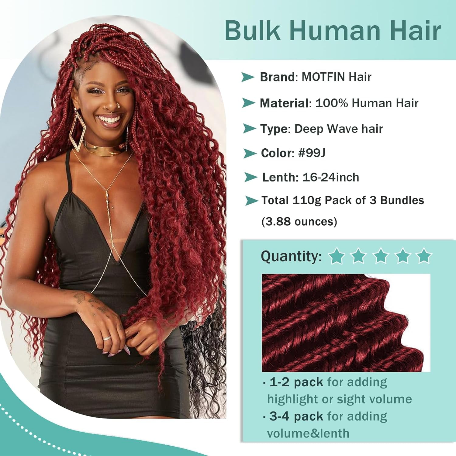 Human Braiding Hair for Boho Braids Human Hair 3 Bundles/Pack 110g 18 Inch Deep Wave Bulk Human Hair for Braiding Curly Knotless 12A Brazilian Virgin Burgundy