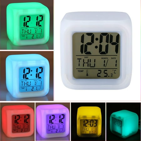 Digital Alarm Thermometer Night Glowing Cube 7 Colors Clock LED Change LCD LED Changing Digital Alarm Clock with Snooze, Music and Large Display