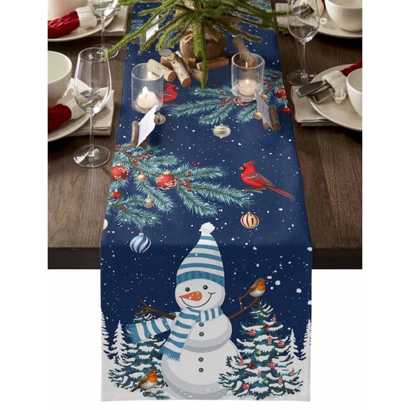 nqOlkjepod Navy Blue Snowman Christmas Table Runner 90 Inches Long Farmhouse Dress Scarves, Xmas Tree Balls Snowflake Dining Tablerunner for Coffee Table/Kitchen Island/Party Décor, 13" x 90"