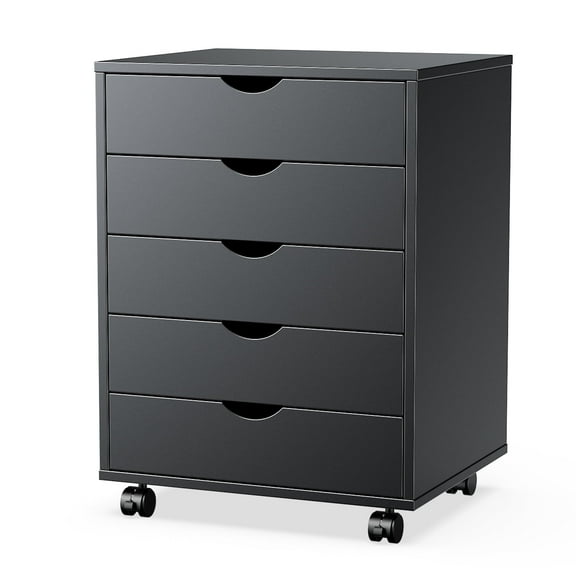 MCQ Mobile 5-Drawer Wooden Cabinet with Wheels, Versatile Storage Dresser for Home Office, Closet, or Studio – White