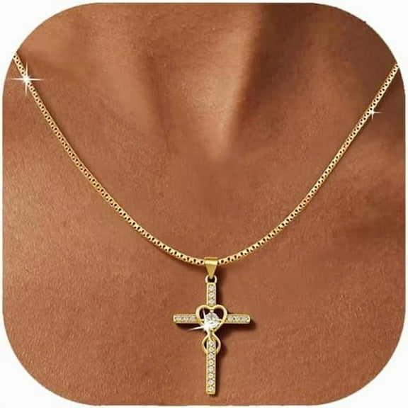 14K Gold Plated Cross Necklace for Women – Dainty Religious Pendant Necklace with Sparkling Christian Charm, Faith Jewelry for Her, Adjustable Length, Gift for Mom, Wife, Girlfriend