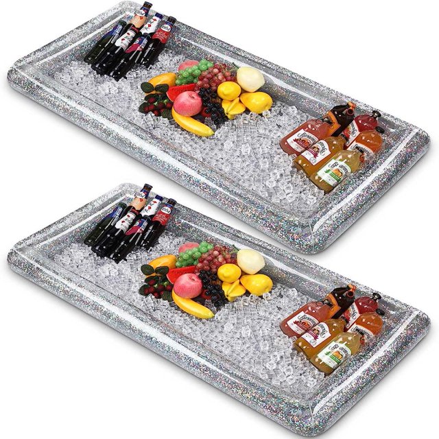 2 Pieces Inflatable Buffett Cooler Inflatable Food Cooler Buffet Inflatable Serving Bar Tray with Glittering Confetti for Serving Food Inflatable Cooler with a Drain Plug Pool Buffet Cool