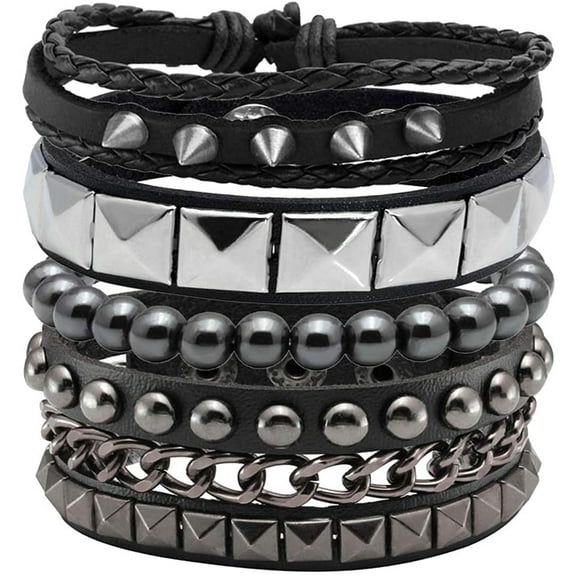 4 Pcs Punk Leather Bracelet Hematite Black for Men Women Adjustable Spike Metal Cuff Bangle