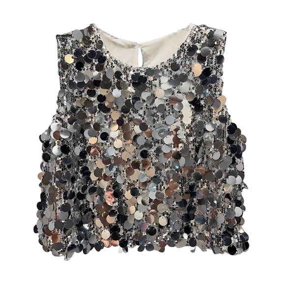 Otqutp Girls Sequin Sleeveless Top Sparkly Vest Blouse for Parties Back Tie Youth Fashion Vest T Shirt Blouse for Little Girls