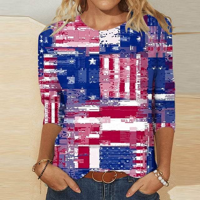 Hauts d'Été pour Femmes 2023 Mode Féminine Manches Courtes Col Rond Rétro Imprimé Ample Blouse Manches Trois-Quarts Bohème Grande Taille T-Shirt pour Femmes