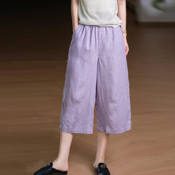 Pounoo Capri Pants for Women Elastic High Waist Solid Color Gathered Detail Wide Fit Bottoms Summer Daily Style Airy Comfortable Trousers