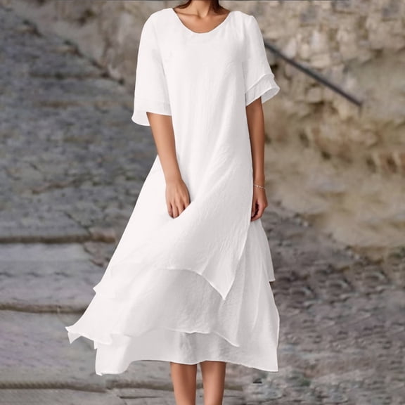 Women Fashion Solid Casual Double Layer Slit Short Sleeved Crew Neck Dress Dressed for Womens Short Sleeve Maxi Dress for Women Dress for Women Lined Midi Dress Knee Length Summer Dress Split Loose
