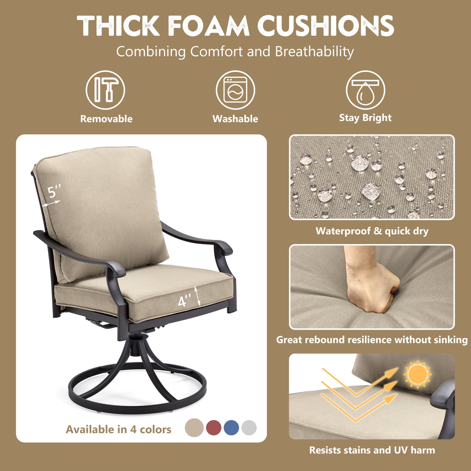 MELLCOM Patio Swivel Chair Set of 2, Heavy Duty Outdoor Dining Chairs with Thickened Cushions, Metal Patio Chairs Gentle Rocker for Outside, Garden Lawn & Porch, Backyard, Khaki