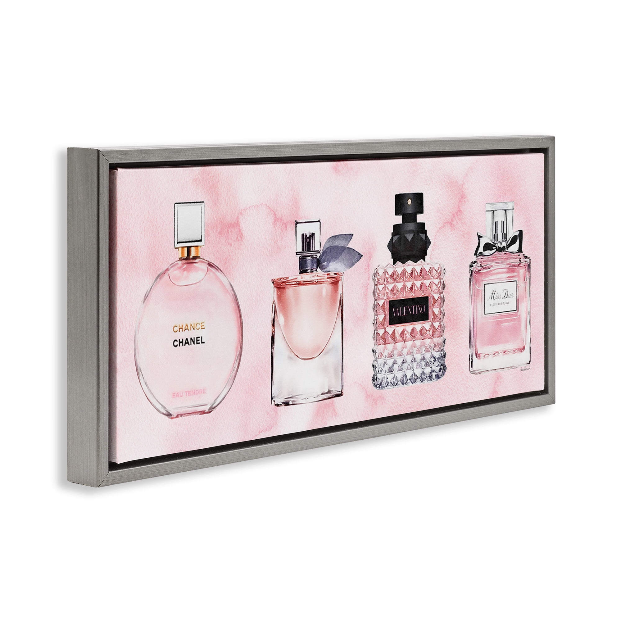 Stupell Industries Pink Fashion Fragrance Bottles Beauty & Fashion Painting Gray Floater Framed Canvas Art Print Wall Art, 31 x 14