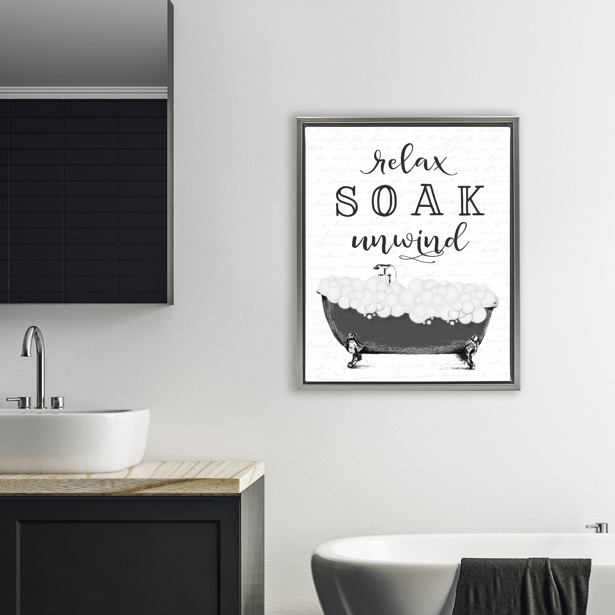 Soak Unwind Bubble Bath Gray Framed Floater Canvas Wall Art, design by Lettered and Lined