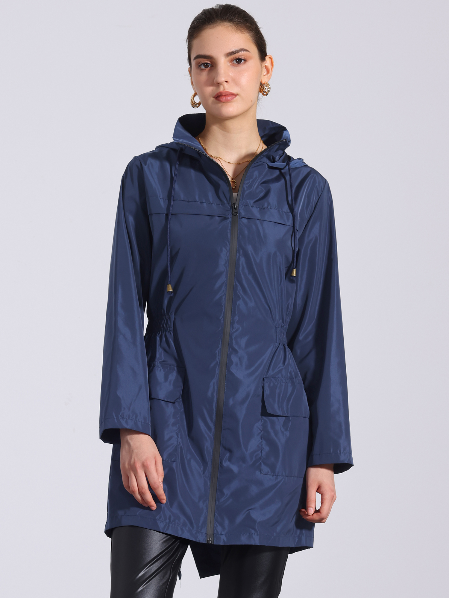 DARING DIVA Windbreaker Trench Coat Hooded Waterproof Jacket M Dark Blue