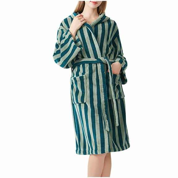 FAWUUDO Women's Robe Long Plush Soft Bathrobe Jacquard Color Block Robes Shawl Collar Sleepwear with Pockets