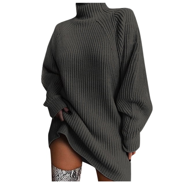 Gibobby Suéter de Cuello Alto para Mujer, Suéteres de cuello alto para mujer, de gran tamaño, 2023, manga larga , dobladillo derramado, suéter de punto(Gris oscuro,CH)
