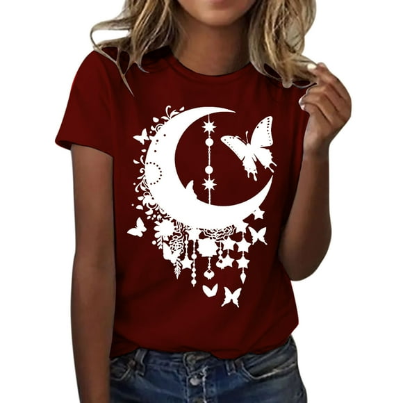 LUOGENLI Female T-shirts for Womens Womens Fashionable Moon Printed Round Neck Short Sleeved Sports Casual T Shirt Womens T-shirts Graphic Tees xxl Tall Summer Clothes Wine L
