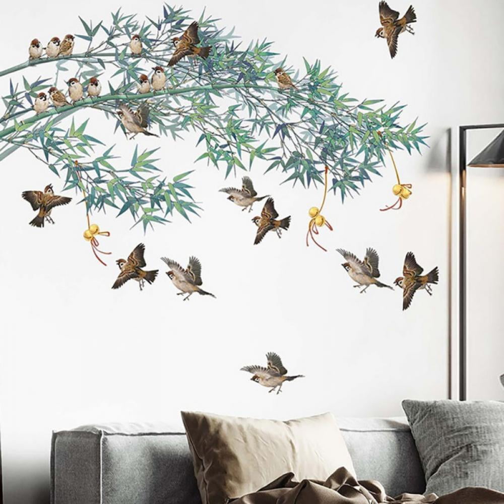 decalmile Birds on Tree Branch Wall Decals Blossom Flower Wall Stickers Bedroom Living Room TV Wall Art Home Decor