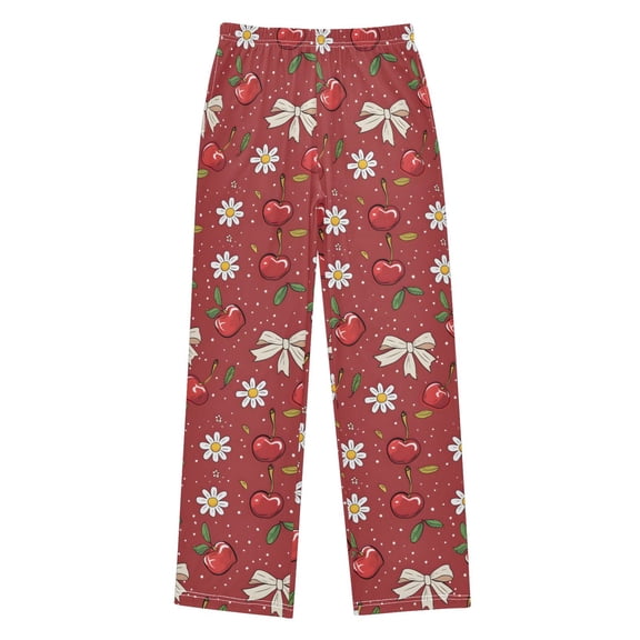 Draw Red Cherry Bow with Daisy Flower Christmas Pajama Pants Soft and Lightweight Elastic Waistband Christmas Pajama Pants