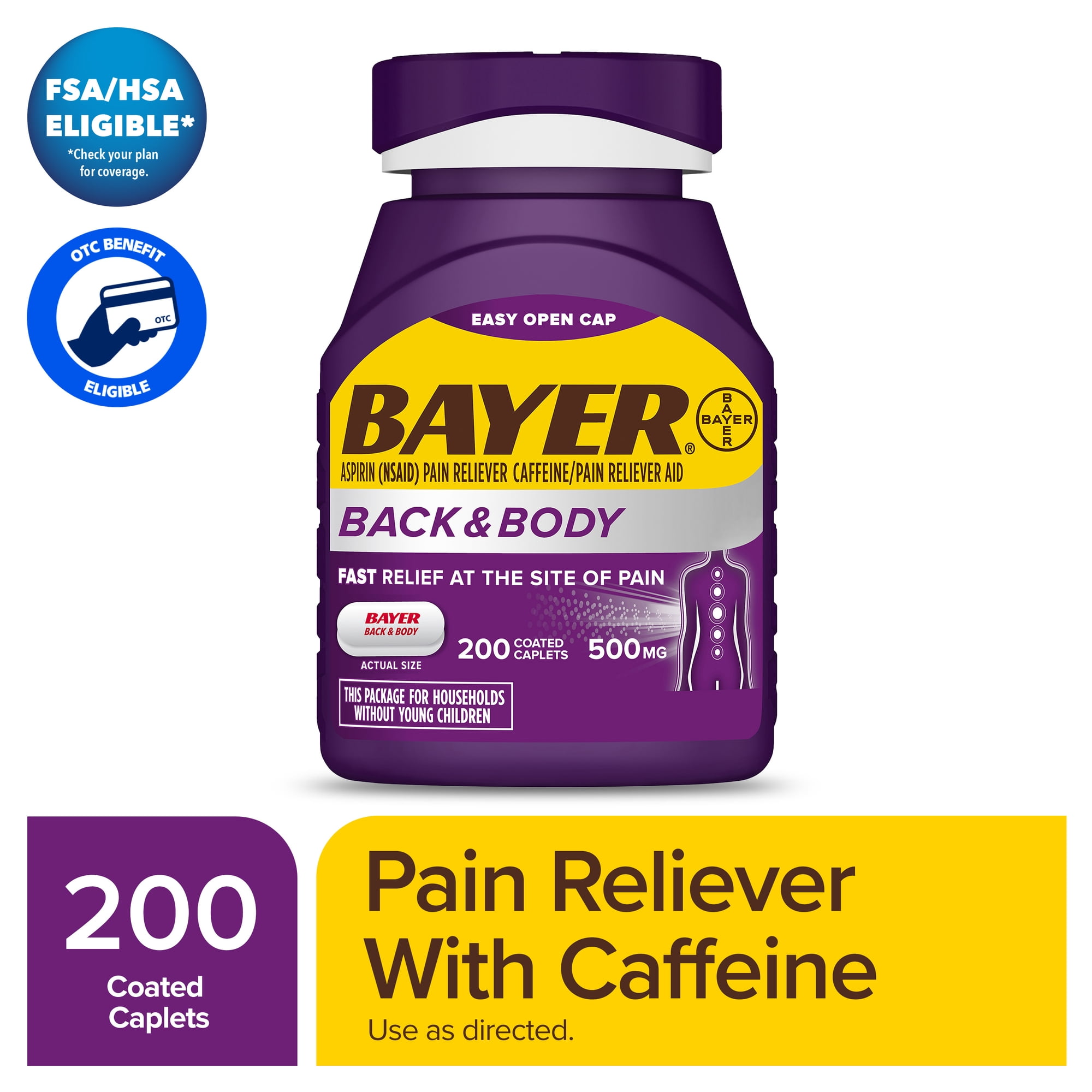 Bayer Back and Body Extra Strength Aspirin 500 mg, Pain Reliever With Caffeine, 200 Coated Caplets