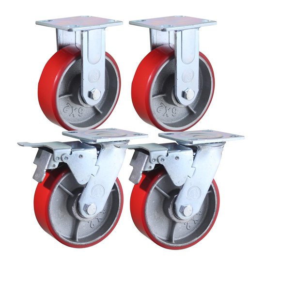 6" x 2" Heavy Duty Metal CASTERS with Poly Tread - Set of 4 Wheels, 2 Fixed, 2 Swivel w/Brakes - Swivel Casters are Locking - Foghorn Construction