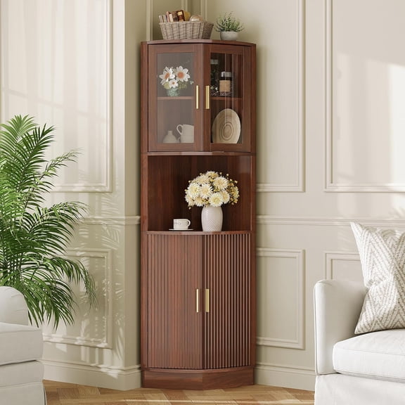 64.9" Tall Corner Cabinet, Modern Fluted Storage Cabinet with Glass Door and 5 Storage Shelves, Space Saver for Kitchen, Bathroom, Living Room, Brown