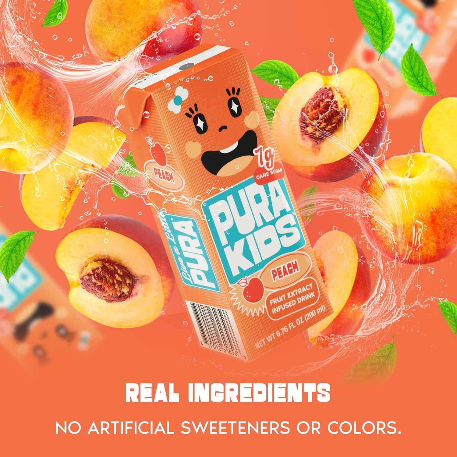 PURA Kids Box | Peach Fruit extract infused Drink for kids | 7g Pure Cane Sugar | Non-GMO | Vegan, No Artificial Sweeteners | Best Lunchbox Beverage with Paper Straw | 6.67 fl oz (200ml) Pack of 24