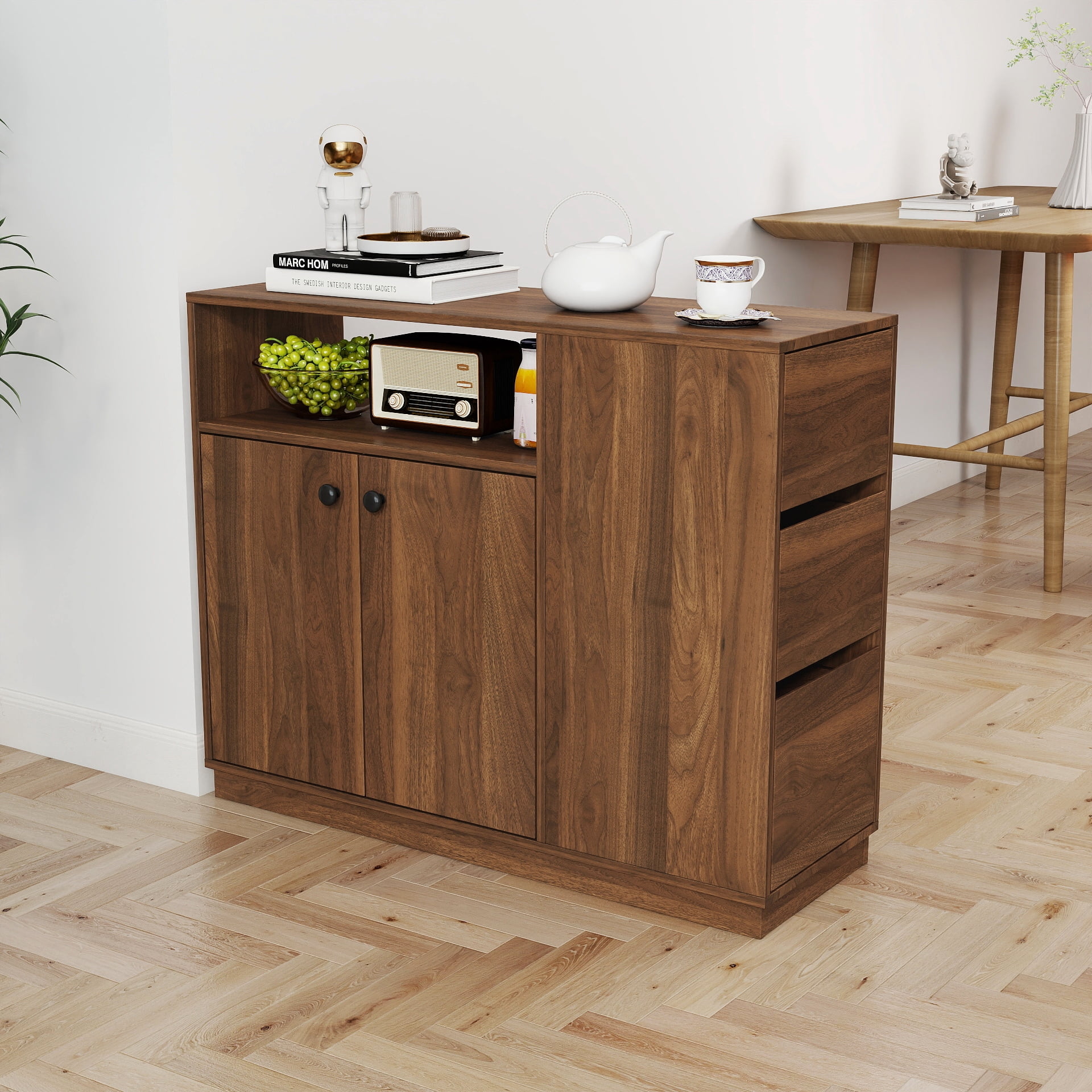 Mintazer Kitchen Sideboard Buffet Cabinet with Drawers & Fluted Glass Doors, Modern Storage Cabinet for Dining Room Kitchen, Walnut Brown
