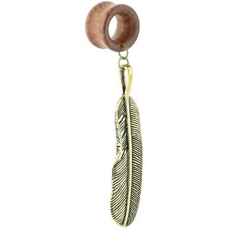 Wood Ear Gauges with Brass Feather Pendant, Ear Plugs Expander for Stretched Ears, Earring Piercing Jewelry[z831]