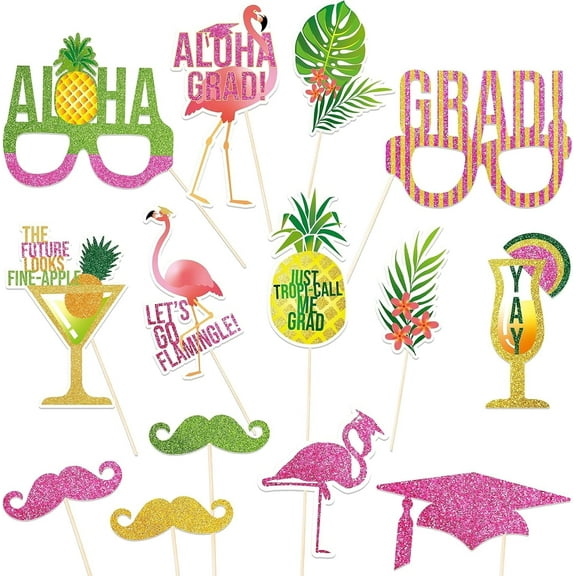 Cheerland 14 Pc Hawaii Graduation Tropical Photo Booth Props, Funny Summer Party
