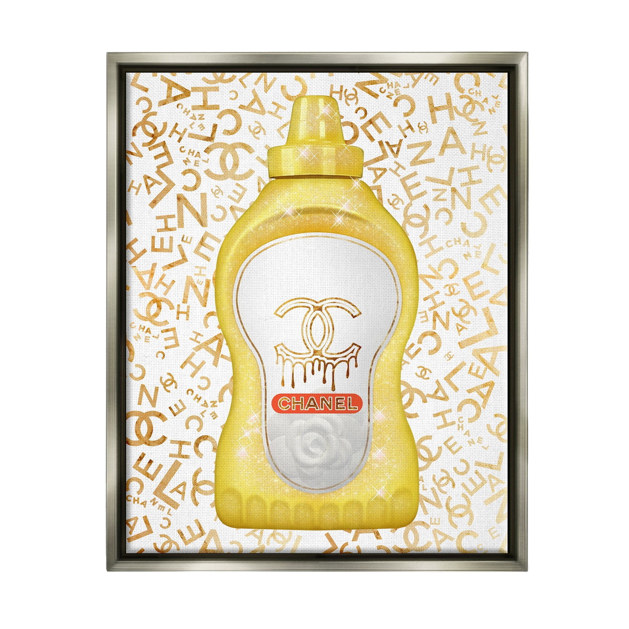 Stupell Industries Glitzy Fashion Bling Kitchen Condiment Mustard Bottle Graphic Art Luster Gray Floating Framed Canvas Print Wall Art, Design by Ziwei Li