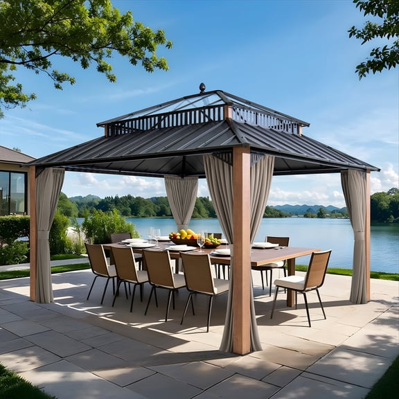 SUNJOY Kingston 14x12 Gazebo, Steel & PC Roof Hardtop Gazebo with Curtain and Netting - Woodgrain Aluminum Posts
