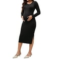 thumbnail image 2 of INSPIRE CHIC Womens Split Maternity Dress Long Sleeve Henley Collar Button Bodycon Ribbed Knit Pregnancy Photoshoot S Black, 2 of 6