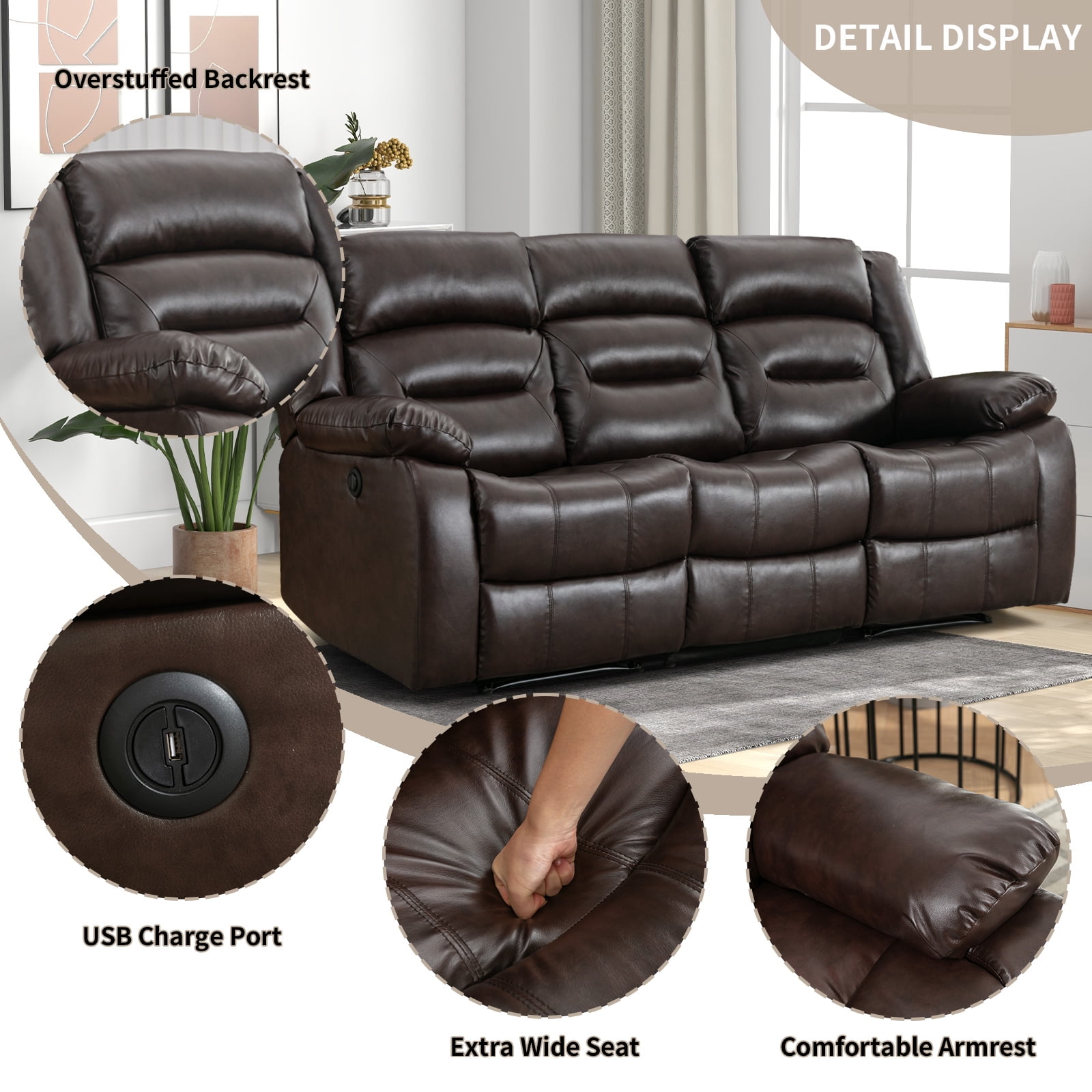 Bonzy Home Faux Leather Power Recliner Chair and 3-Seat Sofa Set, Electric Reclining Couch for Living Room, Bedroom, Office, Brown(Recliner+Sofa)