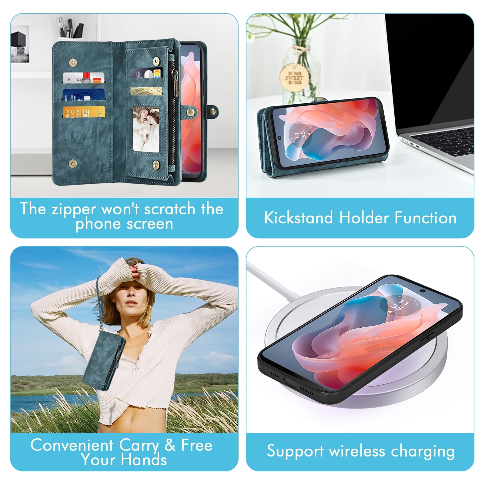 Asuwish Phone Case for Motorola Moto G Play 4G 2024 Zipper Wallet Detachable Cell Cover with Tempered Glass Screen Protector Crossbody Lanyard Strap Flip Card Holder XT2413V XT2413-1 64GB Women Blue