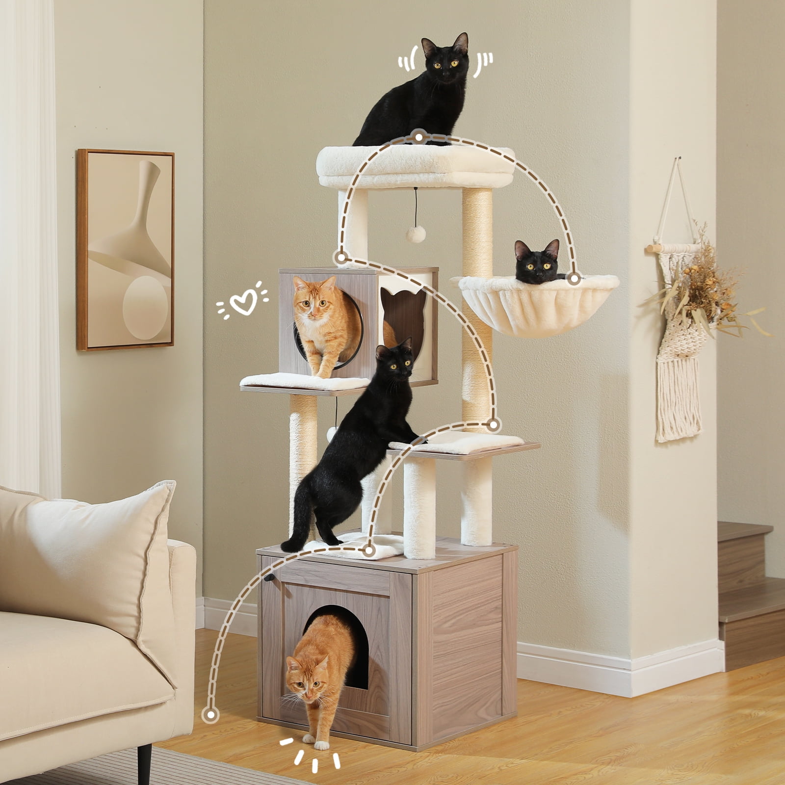 Pefilos 57" Modern Wood Cat Tree for Indoor with Litter Box Enclosure and Cat Condo, Large Cat Tree Tower with Sisal Covered Scratching Post, Gray