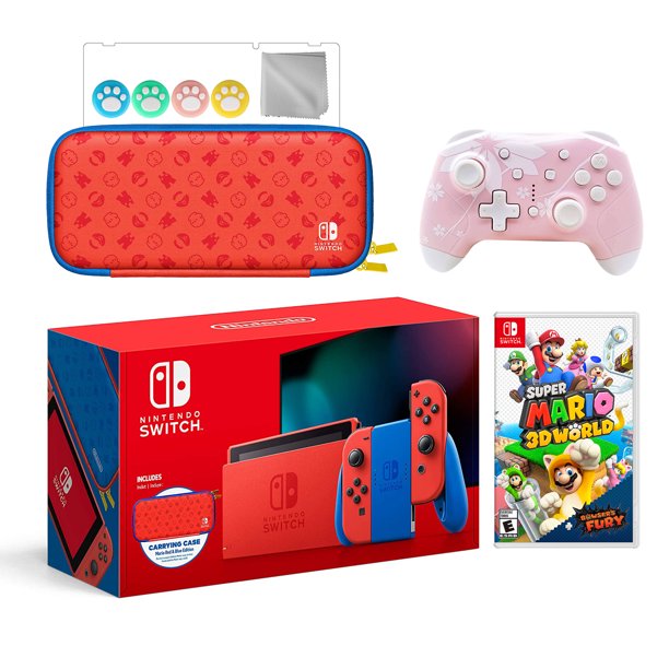 2021 New Nintendo Switch Mario Red & Blue Limited Edition with Mario Iconography Carrying Case Bundle With Super Mario 3D World + Bowser's Fury And Mytrix Wireless Pro Controller and Accessories Nintendo HADSKEAAA