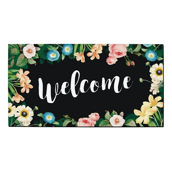 ThisWear Spring Summer Home Decor Welcome Rubber Welcome Mat for Home Black with Flowers Doormat Black Floral