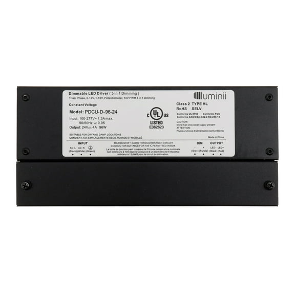 Luminii PDCU-96-24 Dimmable LED Driver Power Supply, 24Vdc 96W 4A, 100-277V